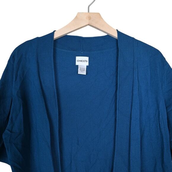 Chico's Women's Short Sleeve Open Front Cardigan Sweater in Blue - Picture 3 of 8